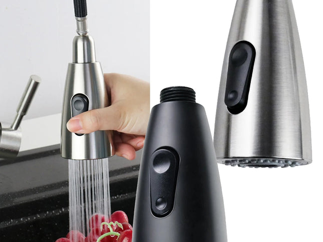 Cap de duș universal pentru chiuvetă, cu sprayer retractabil, din ABS, finisaj negru periat, pentru bucătărie și baie