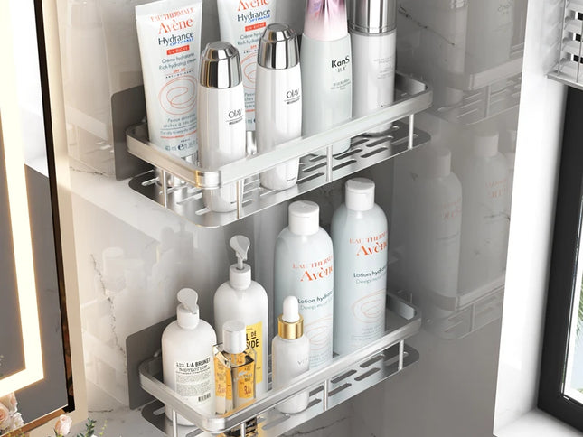 Raft Baie SmartFix - Suport Fără Găurire cu Autocolant, Organizat de Makeup din Aluminiu
