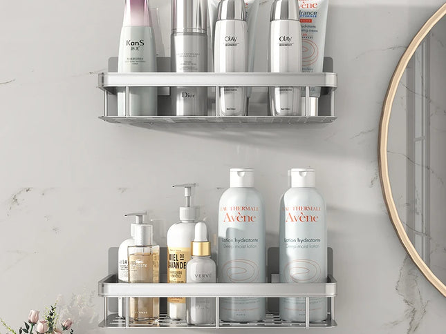 Raft Baie SmartFix - Suport Fără Găurire cu Autocolant, Organizat de Makeup din Aluminiu