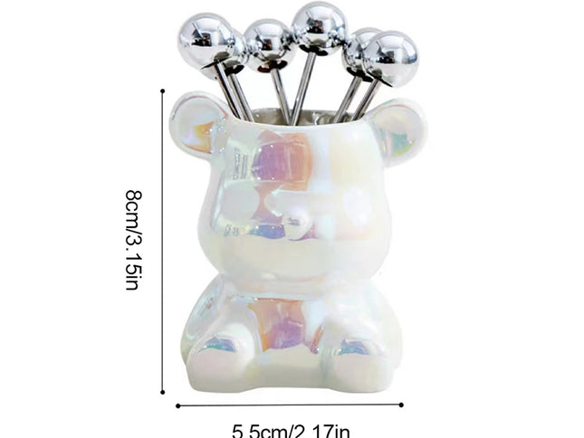 Set 6 Furculițe Inox Desert cu Suport Ursuleț – Tacâmuri Drăguțe pentru Fructe, Gustări și Petreceri