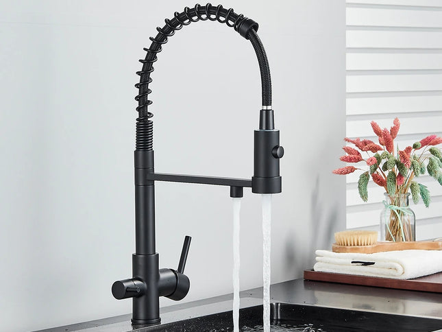 Baterie Bucătărie Neagră cu Duza Retractabilă – Mixer Apă Caldă și Rece, Design Modern