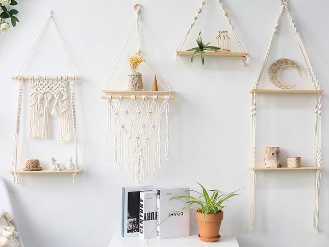 Raft suspendat stil Boho, din macrame și lemn natur