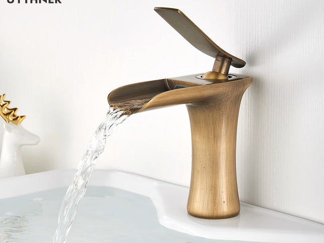 Baterie Lavoar Cascadă din Alamă Antichizată – Mixer Apă Caldă și Rece cu Mâner Unic