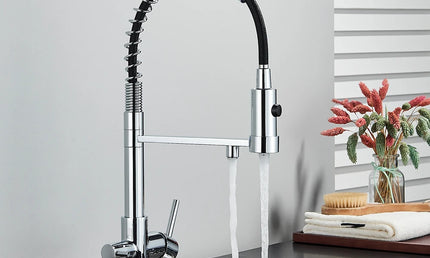 Baterie Bucătărie Neagră cu Duza Retractabilă – Mixer Apă Caldă și Rece, Design Modern