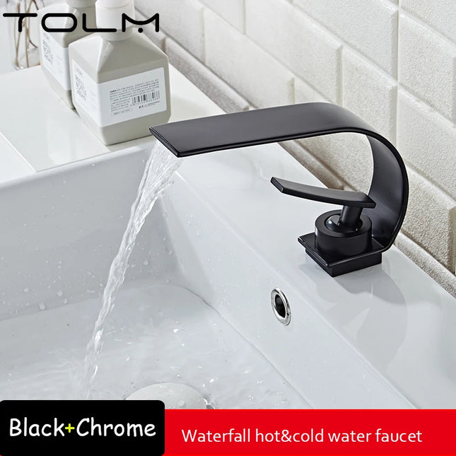 Baterie Lavoar Modernă – Mixer Apă Caldă și Rece, Flux Cascadă, Design Negru/Alb