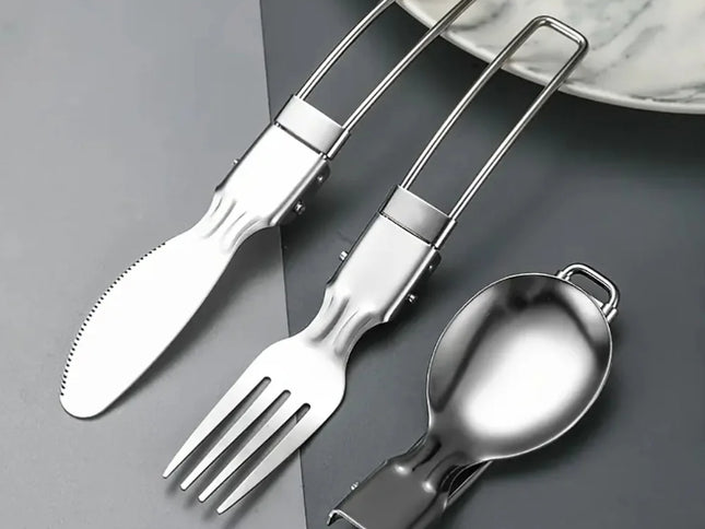 Set Tacâmuri Pliabile din Oțel Inoxidabil – 3 Piese pentru Camping și Călătorii