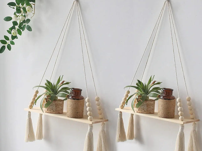 Raft suspendat stil Boho, din macrame și lemn natur