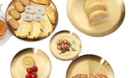 Tavă Rotundă din Oțel Inoxidabil – Platou Elegant pentru Fructe, Carne sau Resturi, Disponibil în Auriu și Argintiu