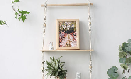 Raft suspendat stil Boho, din macrame și lemn natur