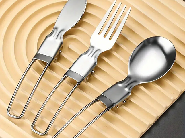 Set Tacâmuri Pliabile din Oțel Inoxidabil – 3 Piese pentru Camping și Călătorii