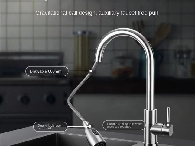 Baterie Bucătărie din Oțel Inoxidabil – Mixer cu Duza Retractabilă și Rotație 360°