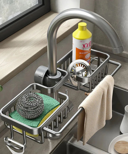 Suport Organizator pentru Chiuvetă – Suport pentru Bureți, Săpun și Accesorii, din Aluminiu