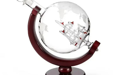 Set Decantor Globe 900ML cu Carafă Fără Plumb, Stand din Lemn și 2 Pahare – Cadou de Lux pentru Whiskey