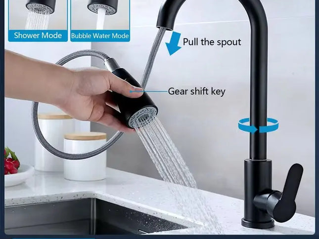 Baterie Bucătărie din Oțel Inoxidabil – Mixer cu Duza Retractabilă și Rotație 360°