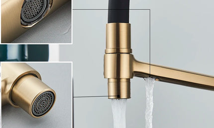 Baterie Bucătărie Aurie Periată – Mixer pentru Apă Caldă și Rece cu Filtru Integrat