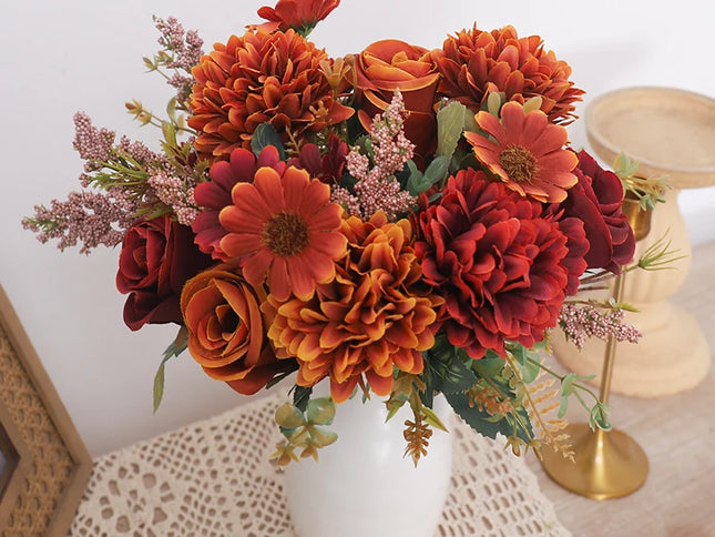 Buchet Decorativ cu Flori Artificiale de Toamnă - Trandafiri, Hortensii și Margarete