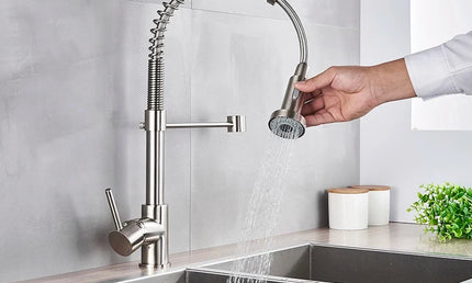 Baterie Bucătărie Spring din Nichel Periat – Robinet Mixer cu Duze Duale și Rotație 360°